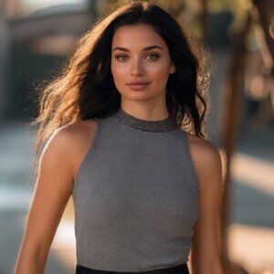 Milly Gray Crystal Gem Encrusted Mock Neck Fitted Sleeveless Sweater Size Small